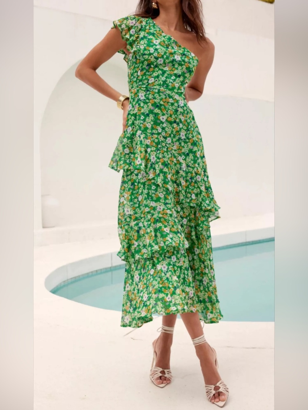 ASTR the Label Victoriana Dress Green Floral One Shoulder Size XS